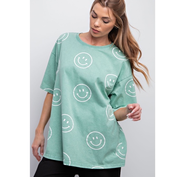 "The Becca" Apple Green Smiley Face Washed Tee - Picture 2 of 3